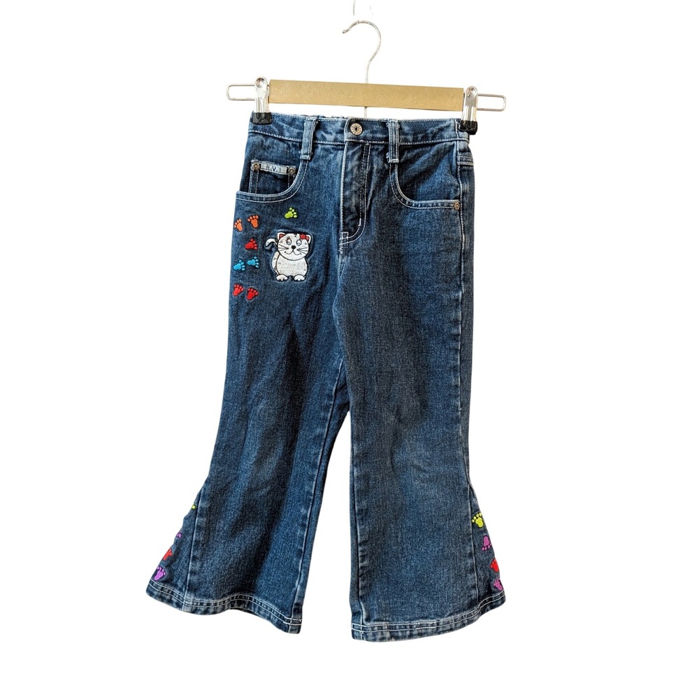Vintage RVT Kids Jeans Size 5 Blue Denim Embroidered Cat Paw Print Flare Leg